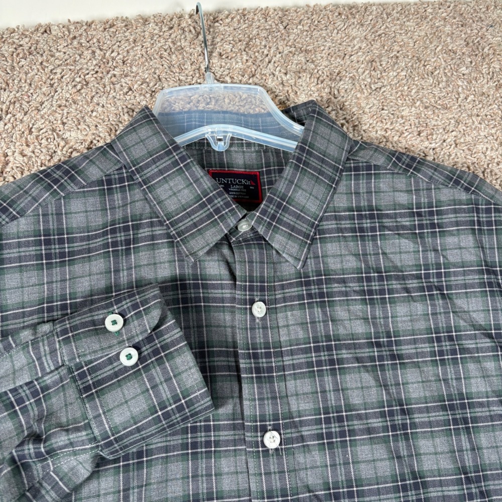 UNTUCKit Devitt WF Mens Large Grey Green Plaid Wrinkle Free Button Down Shirt